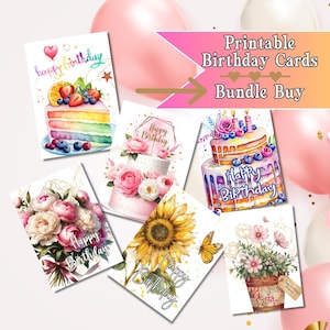 Cartões de aniversário para ela, imprimíveis, bolo de aniversário, download digital, cartão de feliz aniversário, download instantâneo, compra de pacote
