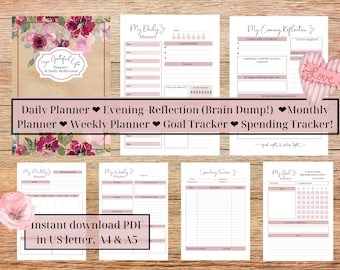 May include: A printable planner set with a floral design. The set includes a daily planner, evening reflection, weekly planner, goal tracker, and spending tracker. The text "My Grateful Life Planner & Daily Reflection" is visible on the cover.