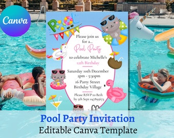 Pool Party Invite/ kids birthday party/teen birthday party/invitation template/canva template invitation/invitation template download