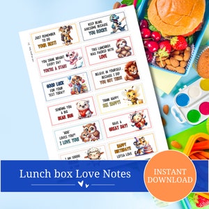 Può includere: Note d'amore stampabili per la scatola del pranzo con adorabili illustrazioni di animali. Le note presentano messaggi positivi come "Splendi ogni giorno" e "Continua ad essere fantastico perché sei fantastico!"