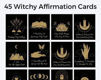 45 Cartas de La Carta de Afirmación Bruja, Kit de Manifestación, Cartas imprimibles de la Ley Espiritual de Atracción, Baraja de Intención de Brujería Pagana