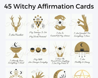 45 Cartas de La Carta de Afirmación Bruja, Kit de Manifestación, Cartas imprimibles de la Ley Espiritual de Atracción, Baraja de Intención de Brujería Pagana