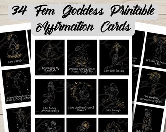 Baraja de cartas de afirmación de la diosa de 34 cartas, kit de manifestación, ley espiritual de atracción imprimible, baraja de intención femenina, baraja femenina divina
