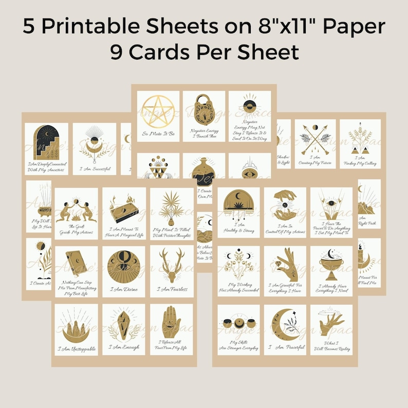 May include: Five printable sheets of affirmation cards with gold and black illustrations on a beige background. Each sheet contains nine cards with positive affirmations such as "I am successful", "I am fearless", and "I am grateful for everything I have".