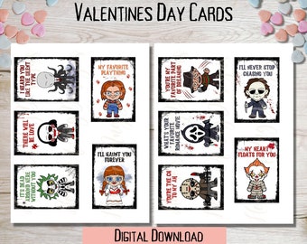Descarga digital instantánea Tarjetas imprimibles de horror del día de San Valentín, tarjetas imprimibles de terror, personajes de terror San Valentín, San Valentín asesino