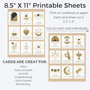 May include: Printable 8.5 x 11 inch sheets of affirmation cards with gold and black illustrations and text. The cards feature positive affirmations such as "I am successful" and "My will is divine". The cards are great for altars, daily card pulls, journals, scrapbooking, vision boards, and manifesting.