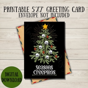 Instant Download Printable Christmas Card, Gothic Christmas Card, Skeleton Holiday Tree, Season Creepings, Blank Interior Printable Card