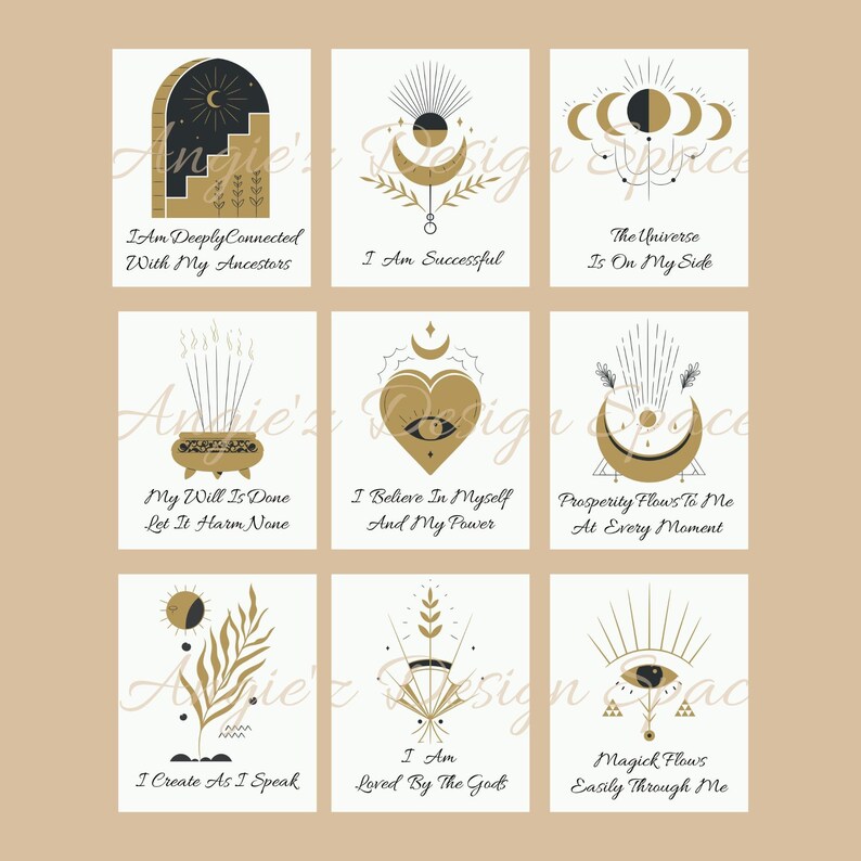 May include: Nine printable affirmation cards with gold and black illustrations and text. The cards feature phrases like "I am deeply connected with my ancestors" and "I am loved by the gods".