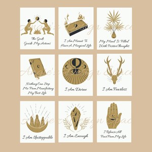 May include: Nine printable cards with gold illustrations and affirmations. The cards feature images such as a book, a hand, a crystal, a deer, a sun, and a palm tree. The text on the cards includes phrases like "I am divine", "I am unstoppable", and "The gods guide my actions".
