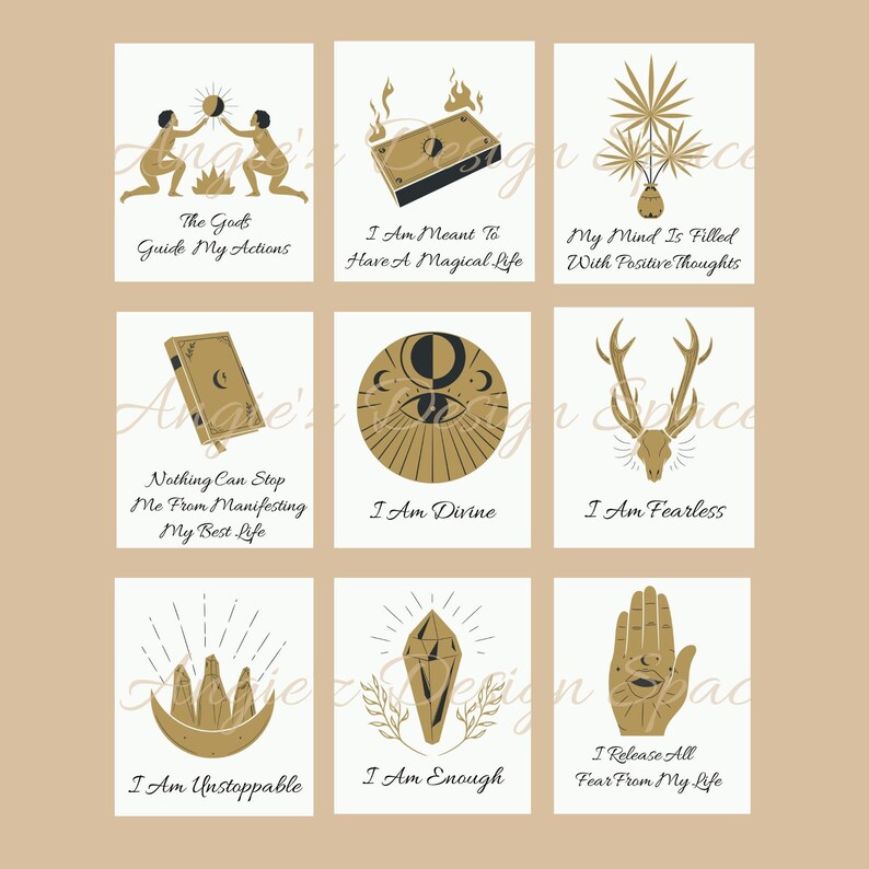 May include: Nine printable cards with gold illustrations and affirmations. The cards feature images such as a book, a hand, a crystal, a deer, a sun, and a palm tree. The text on the cards includes phrases like "I am divine", "I am unstoppable", and "The gods guide my actions".