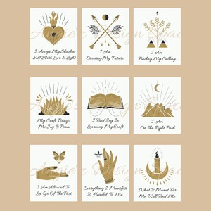 May include: Nine gold and black illustrations with affirmations. The illustrations include a heart with flames, crossed arrows, a plant, a fire, an open book, mountains, a butterfly, a hand with a star, and a candle.