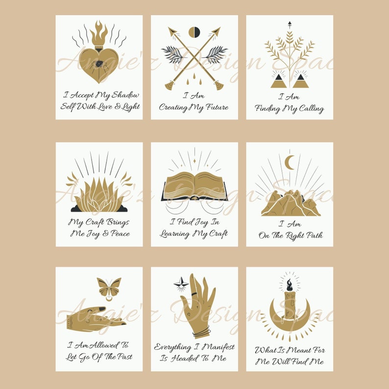 May include: Nine gold and black illustrations with affirmations. The illustrations include a heart with flames, crossed arrows, a plant, a fire, an open book, mountains, a butterfly, a hand with a star, and a candle.