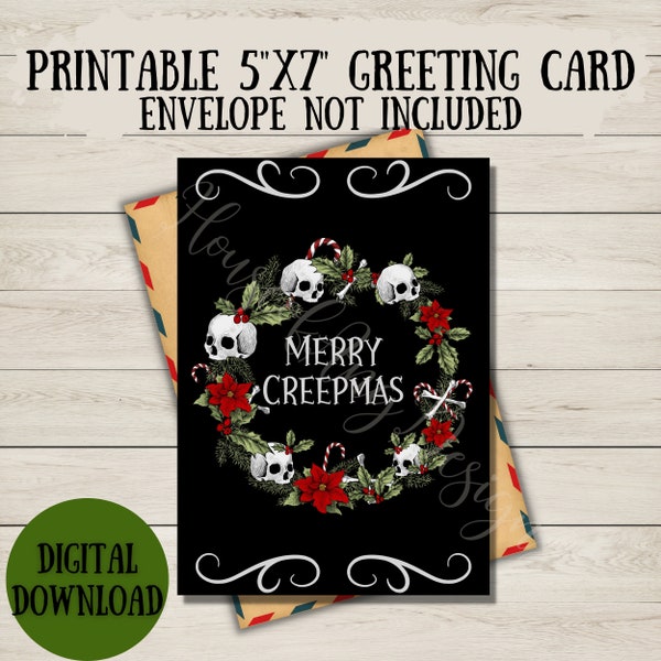 Merry Creepmas Printable Card, Instant Download, Goth Xmas Card, Gothmas, Spooky Christmas Card, Skull Wreath, Printable Holiday Card