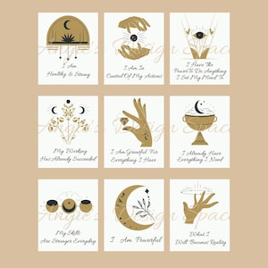 May include: Nine printable affirmation cards with gold and black illustrations of moons, hands, and other mystical symbols. Each card features a positive affirmation, such as "I am healthy and strong" or "I am grateful for everything I have".