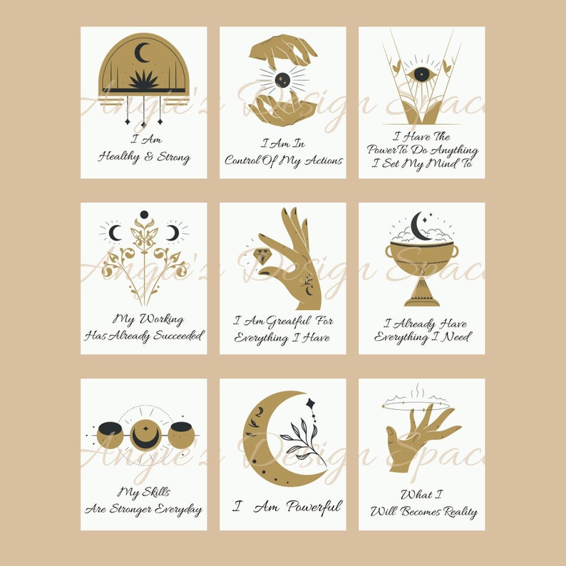 May include: Nine printable affirmation cards with gold and black illustrations of moons, hands, and other mystical symbols. Each card features a positive affirmation, such as "I am healthy and strong" or "I am grateful for everything I have".