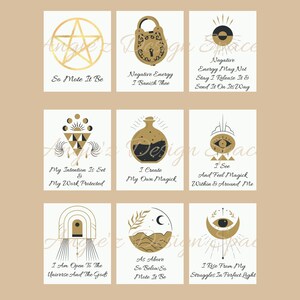 May include: Nine printable cards with gold and black illustrations and text. The cards feature various symbols, including a pentagram, a padlock, a sun, a potion bottle, an eye, an archway, a crescent moon, and a mountain range. The text on the cards includes phrases like "So Mote It Be", "Negative Energy I Banish Thee", "My Intention Is Set & My Work Protected", "I Create My Own Magick", "I See And Feel Magick Within & Around Me", "I Am Open To The Universe And The Gods", "As Above So Below So Mote It Be", and "I Rise From My Struggles In Perfect Light".