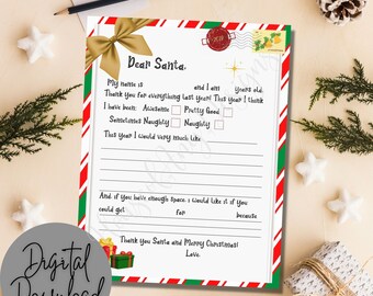 Lista de deseos de Navidad imprimible, Carta digital de Santa, Carta a Santa, Descarga instantánea, Carta de Querido Papá Noel, Carta de Navidad imprimible