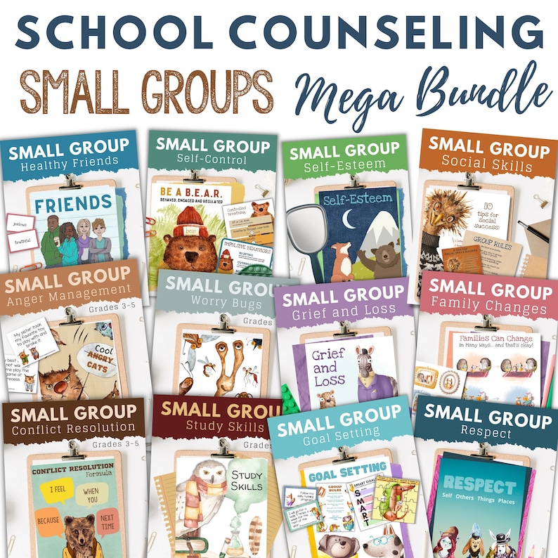 May include: A collage of 12 colorful images representing different small group counseling topics for children. Each image features a cartoon animal and the title of the topic, such as "Healthy Friends", "Self-Control", "Self-Esteem", "Social Skills", "Anger Management", "Worry Bugs", "Grief and Loss", "Family Changes", "Conflict Resolution", "Study Skills", "Goal Setting", and "Respect".