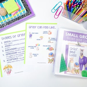 May include: A colorful chart titled "Stages of Grief" lists the five stages of grief: Denial, Anger, Bargaining, Depression, and Acceptance.  The chart also includes a colorful illustration of a rabbit holding an umbrella.  A second chart titled "Grief can Feel Like..." lists different feelings associated with grief, including upset tummy, lack of appetite, crying, trouble focusing, wanting to be alone, unable to sleep, and feeling tired.  Each feeling is illustrated with a cartoon animal.