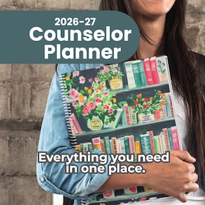 May include: A spiral-bound 2026-27 Counselor Planner with a colorful floral and bookshelf design. The cover features the text "Everything you need in one place." The planner is held against a textured concrete wall.