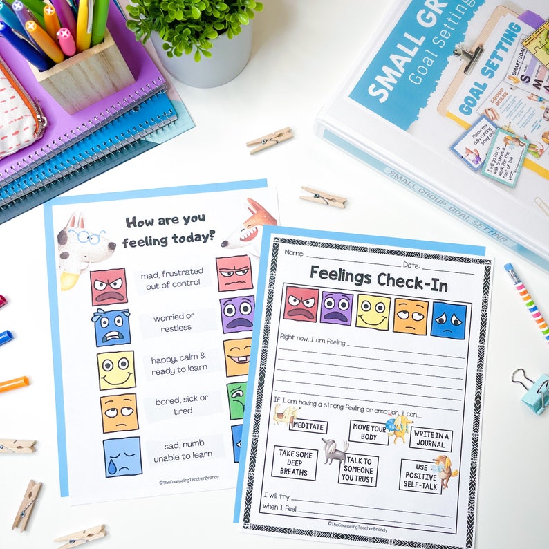 May include: Two printable worksheets for children to help them identify and manage their feelings. The first worksheet features cartoon faces representing different emotions, such as mad, worried, happy, bored, and sad. The second worksheet is a feelings check-in with a scale of cartoon faces representing different emotions, from angry to sad. The worksheet also includes suggestions for coping with strong feelings, such as taking deep breaths, talking to someone you trust, and using positive self-talk.