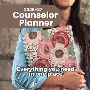 May include: A floral Counselor Planner for 2026-27, held by a person. The planner features pink and red roses on a white background with the text "Counselor Planner" and "Everything you need in one place."