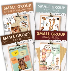 May include: Four colorful printable posters for small group activities. Each poster features a different theme: Anger Management, Worry Bugs, Conflict Resolution, and Study Skills. The posters are designed for grades 3-5.