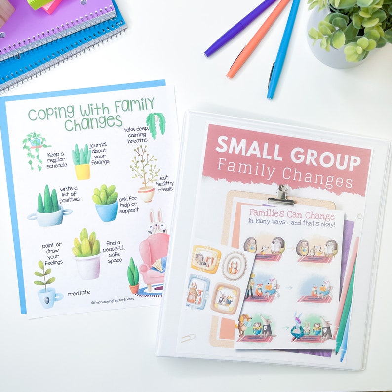 May include: A pink binder with the title "Small Group Family Changes" and a worksheet with the title "Families Can Change in Many Ways... and that's okay!"  The worksheet has illustrations of families with different animals.  A separate sheet of paper with the title "Coping With Family Changes" has a list of coping mechanisms for dealing with family changes.