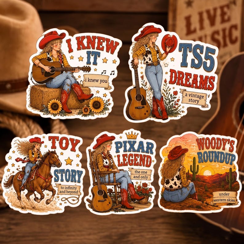 May include: A set of five die-cut stickers featuring a cowgirl character in various scenes. Text includes I KNEW IT, TS5 DREAMS, TOY STORY, PIXAR LEGEND, and WOODY'S ROUNDUP. The illustrations show a guitar, a horse, and desert landscapes.