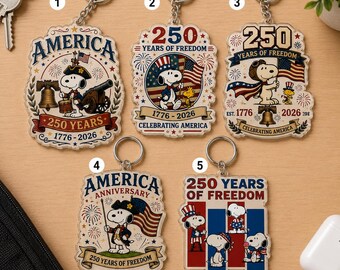 Puppy Woodstock 250th Anniversary Acrylic Keychain, Patriotic Dog Keychain, American Flag Puppy Keyring, USA 250th Birthday Gift