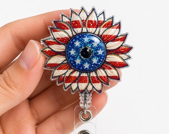 250 America Sunflower Badge Reel, Vaterländische Blume ID-Halter, USA 250-jähriges Jubiläum einziehbarer Clip, 4. Juli Krankenschwester Geschenk