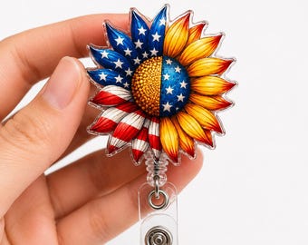 250 America Sunflower Badge Reel, Vaterländische Blume ID-Halter, USA 250-jähriges Jubiläum einziehbarer Clip, 4. Juli Krankenschwester Geschenk