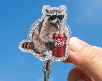Raccoon Dr Pepper Badge Reel, Retractable ID Holder, Caffeine Humor Clip