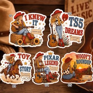 May include: Five die-cut stickers featuring a cowgirl in a red hat, yellow shirt, and blue jeans. Designs include playing guitar on a hay bale, standing with a guitar, riding a horse, sitting in a rocking chair, and looking at a desert sunset.