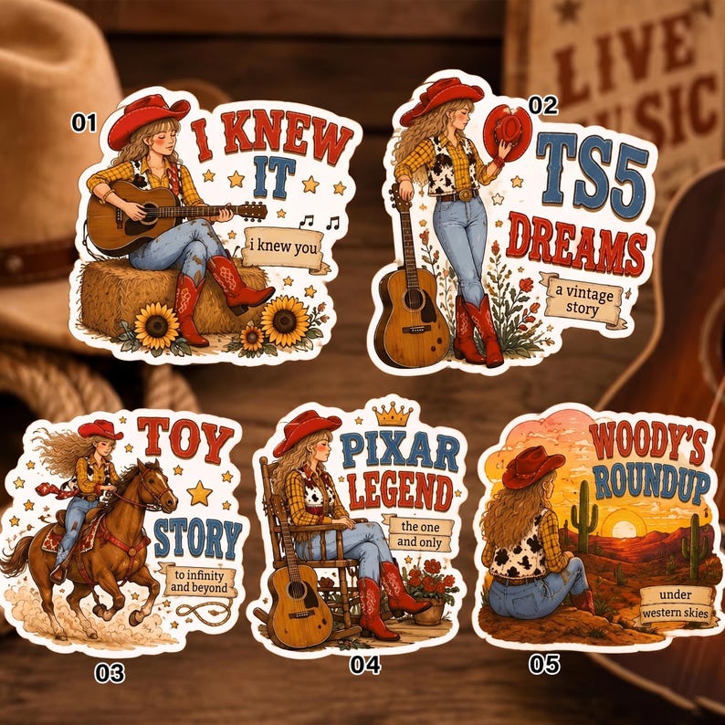 May include: Five die-cut stickers featuring a cowgirl in a red hat, yellow shirt, and blue jeans. Designs include playing guitar on a hay bale, standing with a guitar, riding a horse, sitting in a rocking chair, and looking at a desert sunset.
