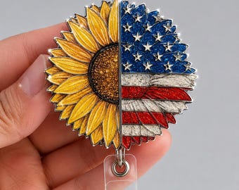 250 America Sunflower Badge Reel, Vaterländische Blume ID-Halter, USA 250-jähriges Jubiläum einziehbarer Clip, 4. Juli Krankenschwester Geschenk