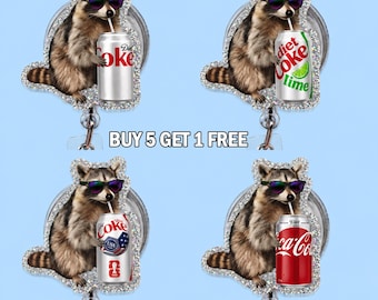 Portatarjetas retráctil de Coca-Cola Light con diseño de mapache, clip acrílico, para amantes de los refrescos.