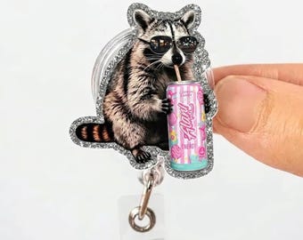 Raccoon Energy Drink Badge Reel, Acrylic Retractable ID Holder, Nurse Work Accessory
