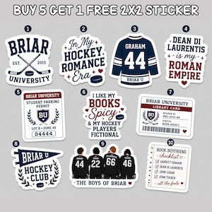 May include: A collection of stickers with hockey and book-themed designs. Includes a hockey jersey, a library card, and text that reads "Briar University" and "Book Boyfriend Checklist".