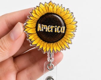 250 America Sunflower Badge Reel, Vaterländische Blume ID-Halter, USA 250-jähriges Jubiläum einziehbarer Clip, 4. Juli Krankenschwester Geschenk