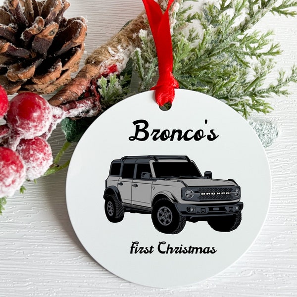 Ford Bronco Metal Ornament, Bronco's First Christmas, Iconic Silver Bronco, Built Wild, Off-Roading ornament, Holiday Bronco Ornament