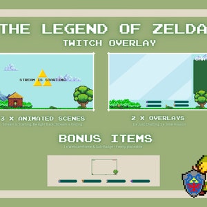 Volledige Twitch-overlay volledig geanimeerd - Geanimeerde schermen, stream-overlays en deco - The Legend of Zelda - Retro Pixel Style