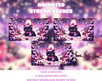 Twitch Overlay | Animated Scenes | Pixel Art | Loop | Black Cat | Starting Soon, Be Right Back, Stream Is Ending | Kitty Christmas Kitten