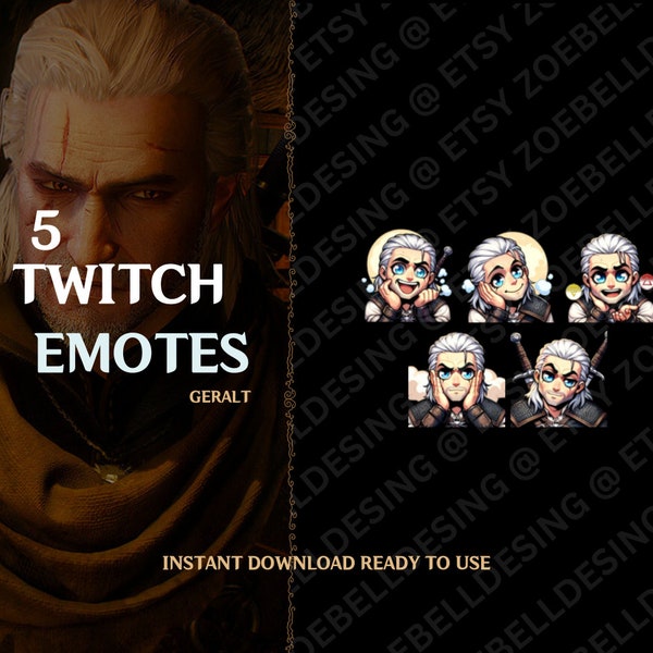 Geralt of Rivia Emote Pack – 5 Witcher 3 Inspired Twitch and Discord Emotes, High Quality, Transparent Background, Instant Download