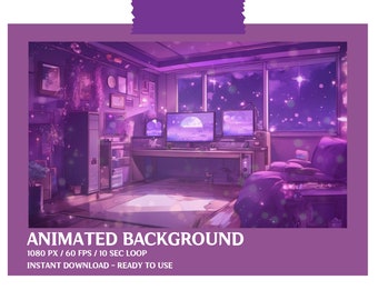 Animated Background - Vtube Asset - Purple LoFi Gaming Room with Sparkles - Dreamy 20-Second Loop
