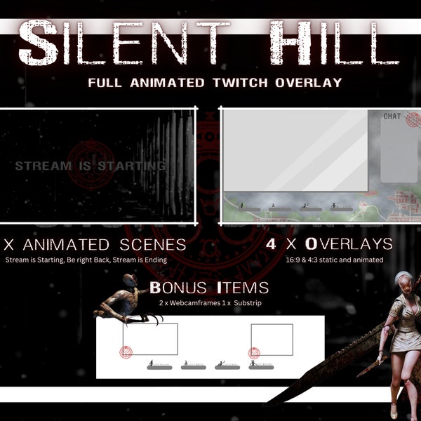 Twitch Overlay - entièrement animé - Superpositions et décorations de flux - Silent Hill, Rétro, Brouillard, Horreur, Jeux - Youtube Overlay