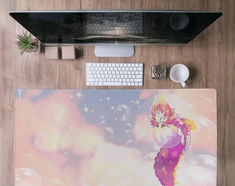 Hand-Drawn Monster Hunter Sleepy Mizutsune Desk Mat - Pink Bubble & Starry Background - Premium, Non-Slip and Water-Resistant
