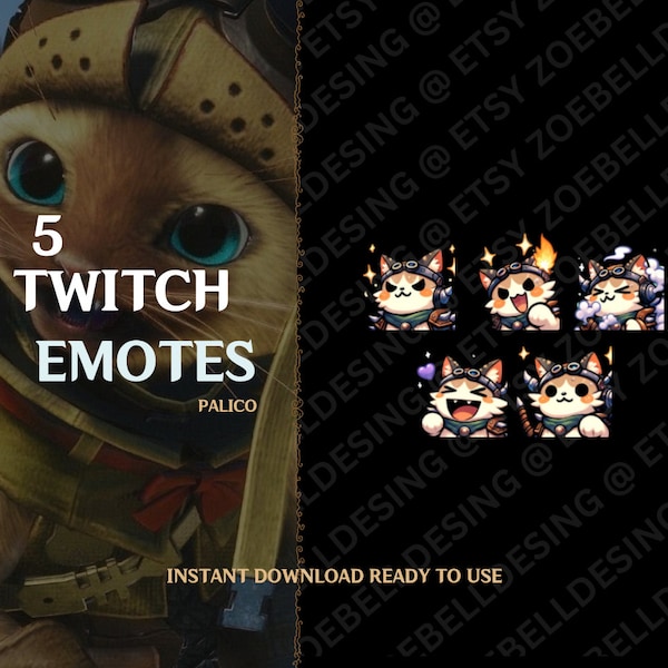 Palico Emote Pack – 5 Monster Hunter Inspired Twitch and Discord Emotes, High Quality, Transparent Background, Instant Download