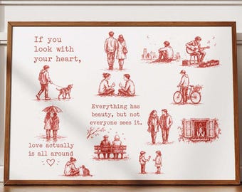 Póster de Love Actually para pared / Póster romántico con boceto en rojo / Lámina con citas inspiradoras / Ilustración de pareja conmovedora