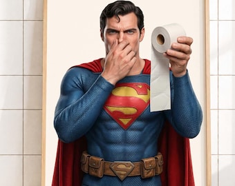 Funny Superhero Bathroom Art, Retro Comic Illustration, Toilet Humor Wall Print, Quirky Digital Download